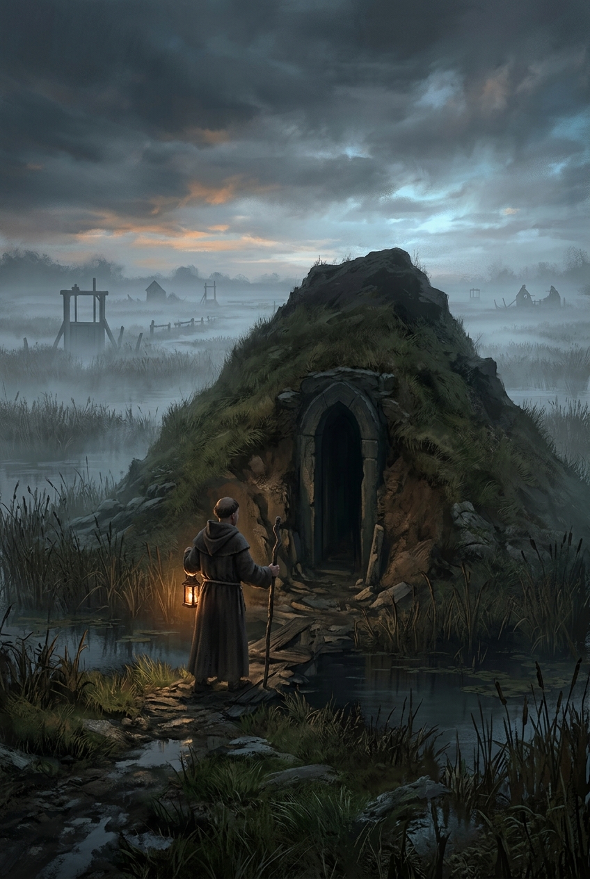 The Barrow Saint, by Eliphas Favre: a monk with a lantern before a barrow in the fen mist