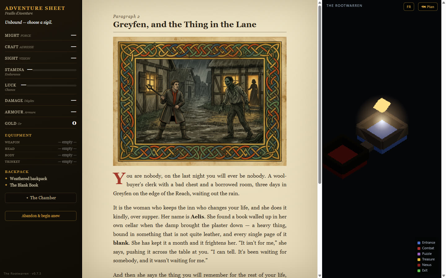 The book on a desktop — the Adventure Sheet, an illuminated page, and the map